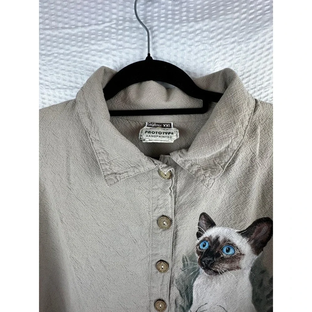 California Prototype Handpainted Siamese Cat‎ Short SLV Button Up Shirt OOAK XXL
